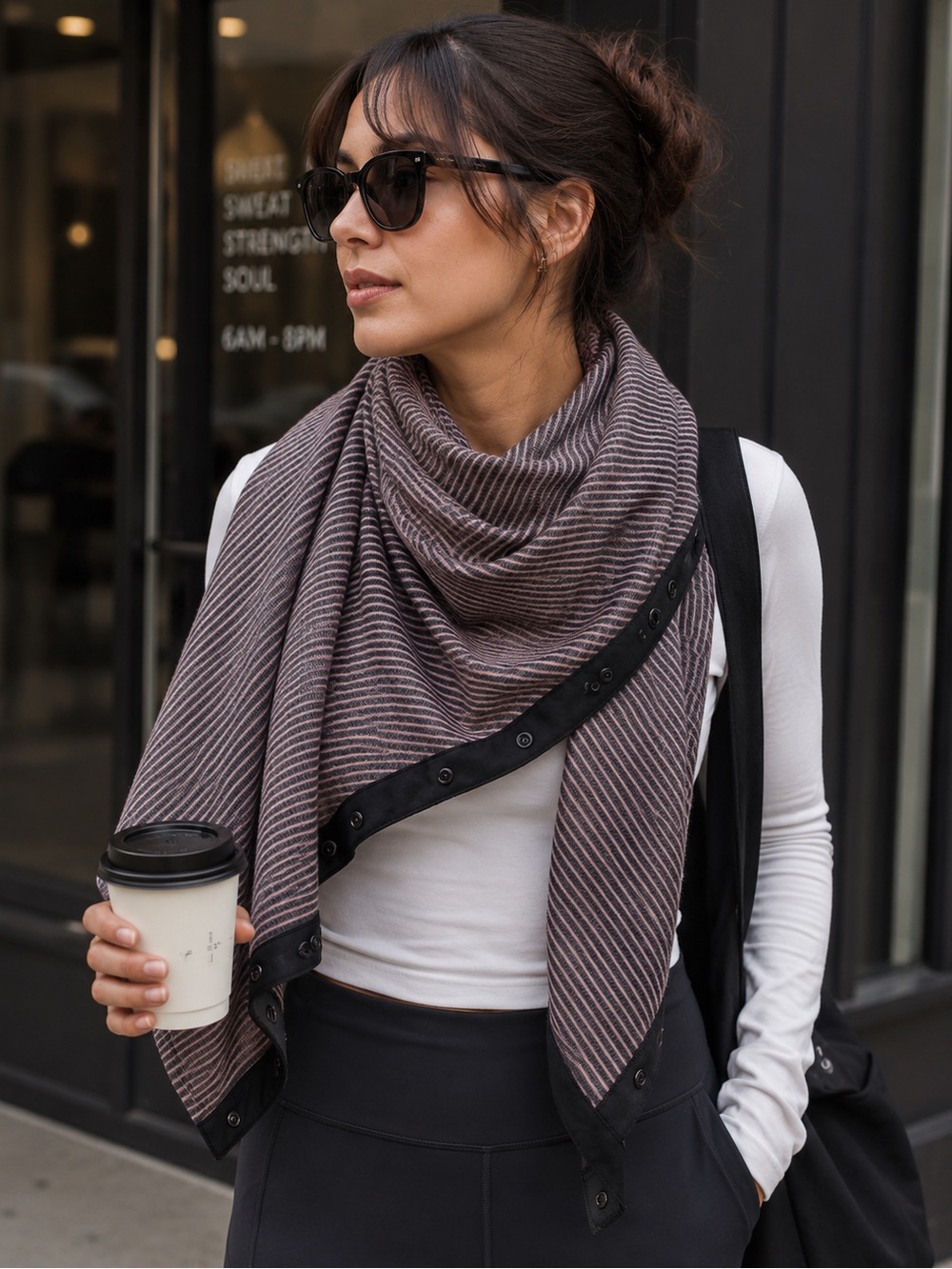 Lululemon Vinyasa Scarf Gray Pink Stripe Snap Wrap Circle Yoga Travel Cozy